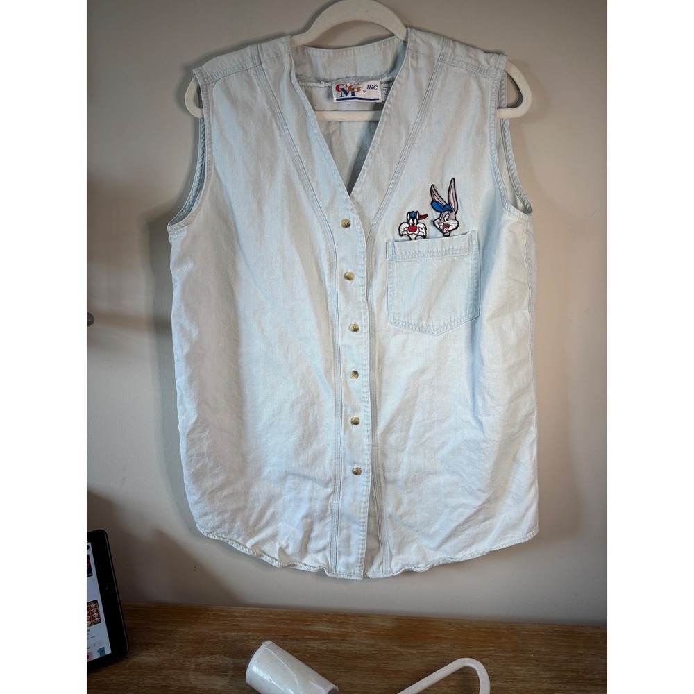 Vintage Looney Tunes Denim Vest Sleeveless Button Up Bugs Bunny‎ Sylvester